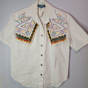1990s Southwest Canyon White Button Up with Bead Accents and Embroidery